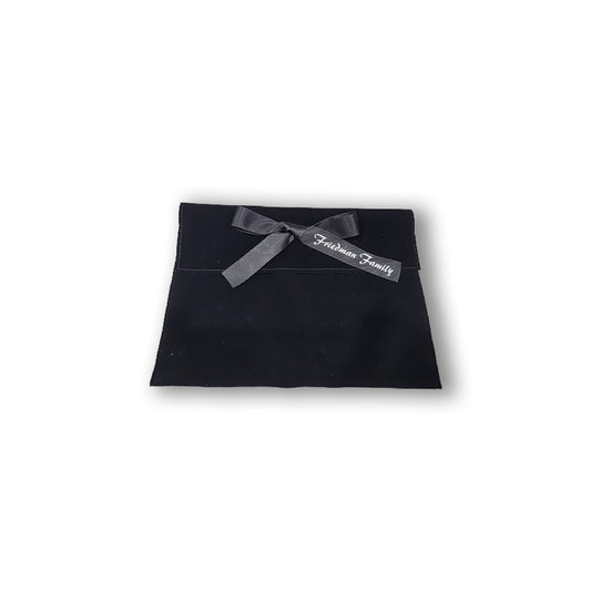Black Suede Mishloach Manos Pouch with Personalized Ribbon