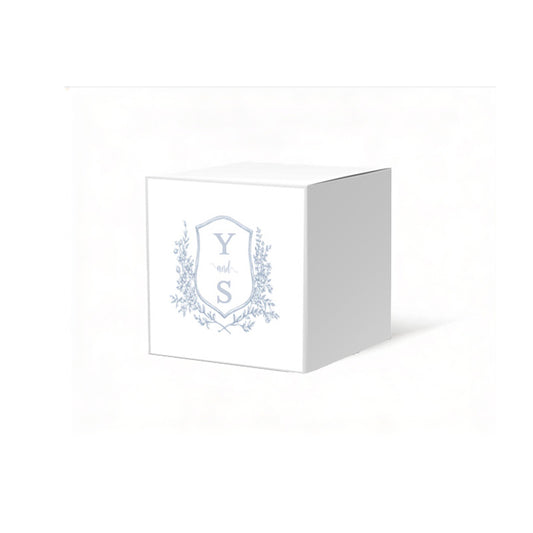 Crest Design Favor Box, 2 x 2 inches, Optional matching ribbon.