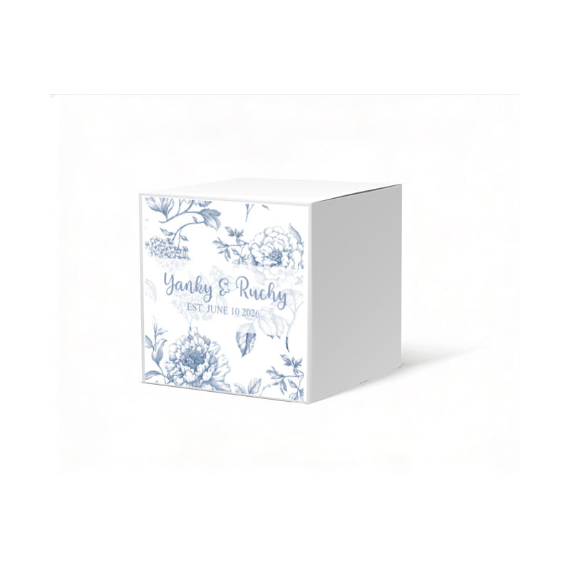 French Toile Blue Favor Box, 2 x 2 inches, Optional matching ribbon.