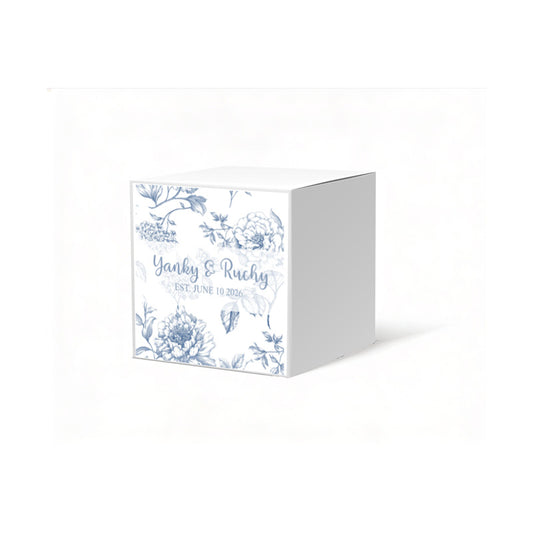 French Toile Blue Favor Box, 2 x 2 inches, Optional matching ribbon.