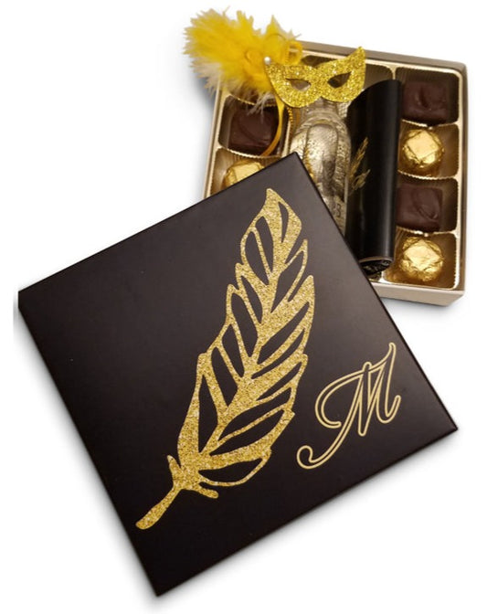 Black with Gold Feather Monogrammed Purim Box