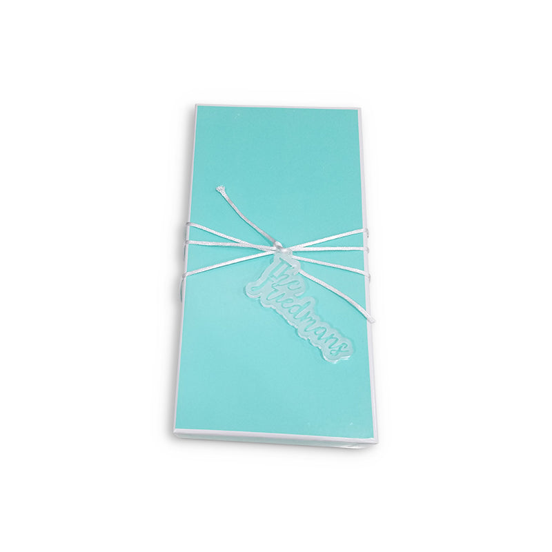 Tiffany Rectangle Box 9 x 4 1/2 x 2" with optional acrylic two tone charm. ( See Link in Description to Order Tags)