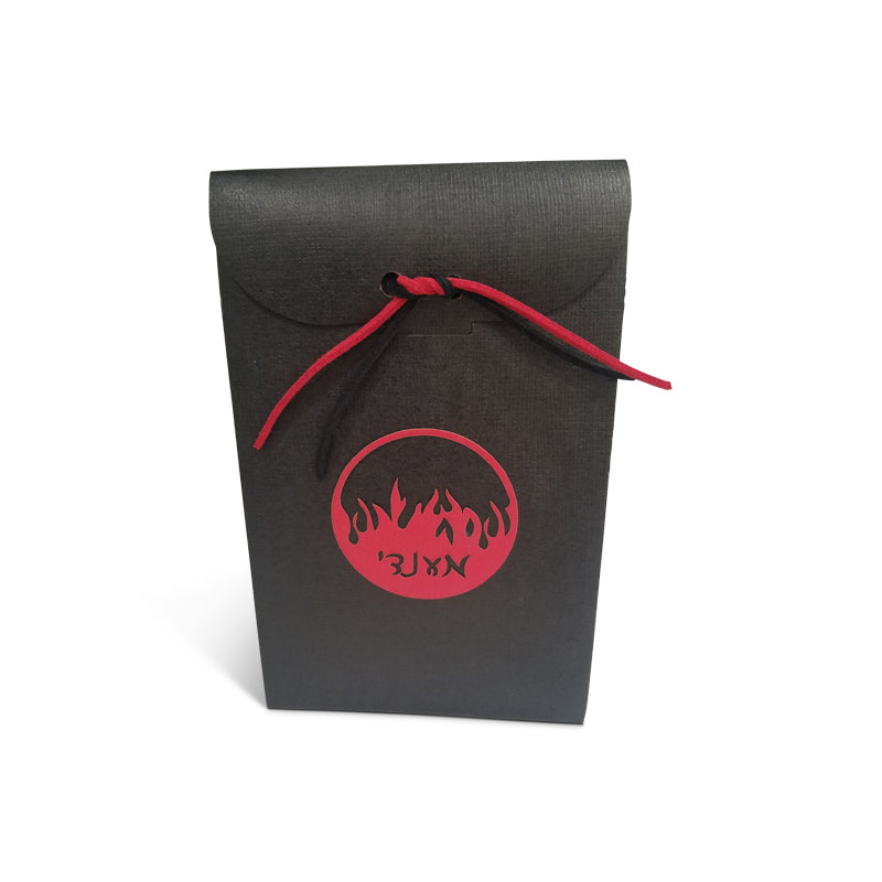 Black Linen Upsherin Box with Circle design fire tag and optional cord.