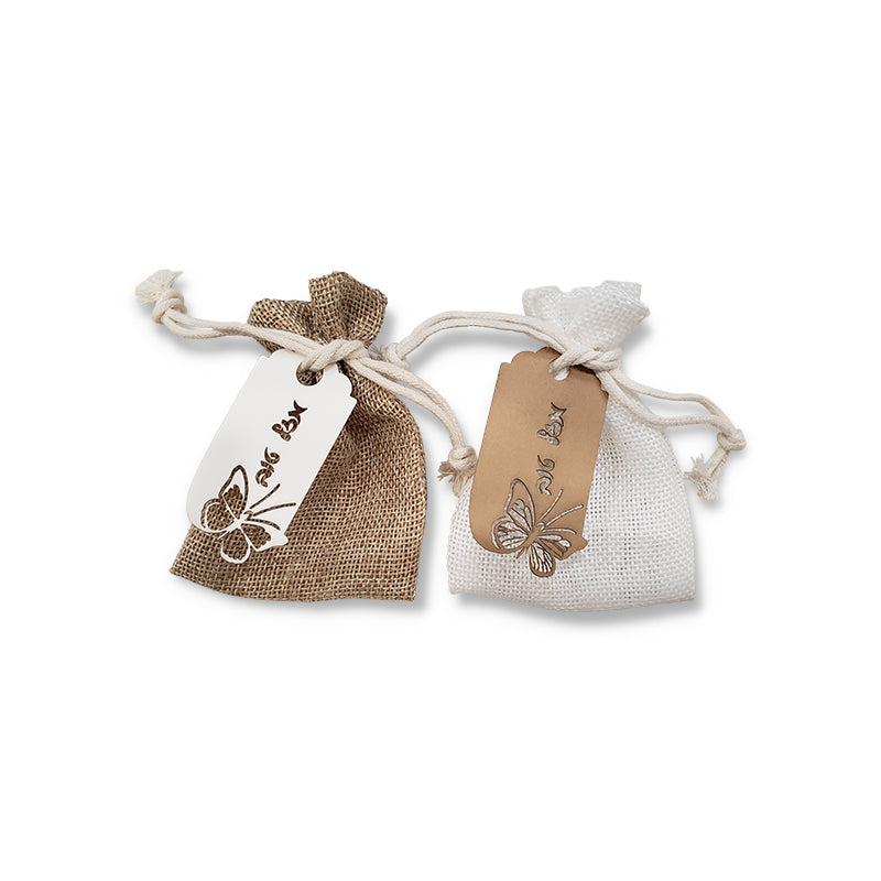 White or Natural Burlap Bag 5x7 with optional lasercut tag and cord  (Many designs to choose from)