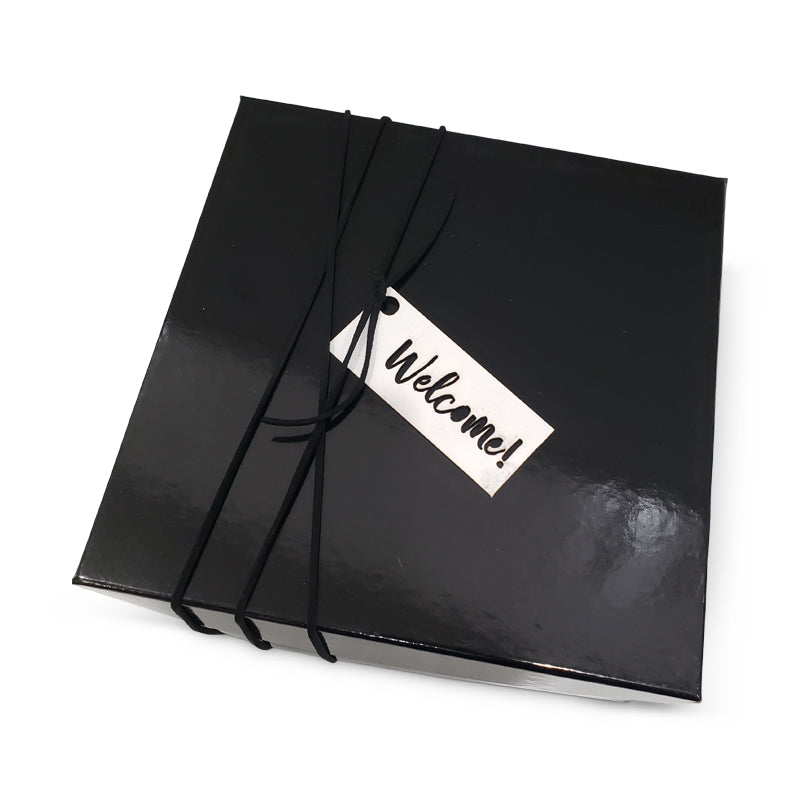 Black Welcome Box with lasercut welcome tag