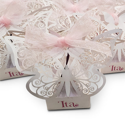 Lasercut butterfly favor box with ribbon and tag