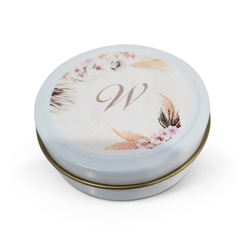 White Round Mint Tin with rustic floral design (Contents not included)
