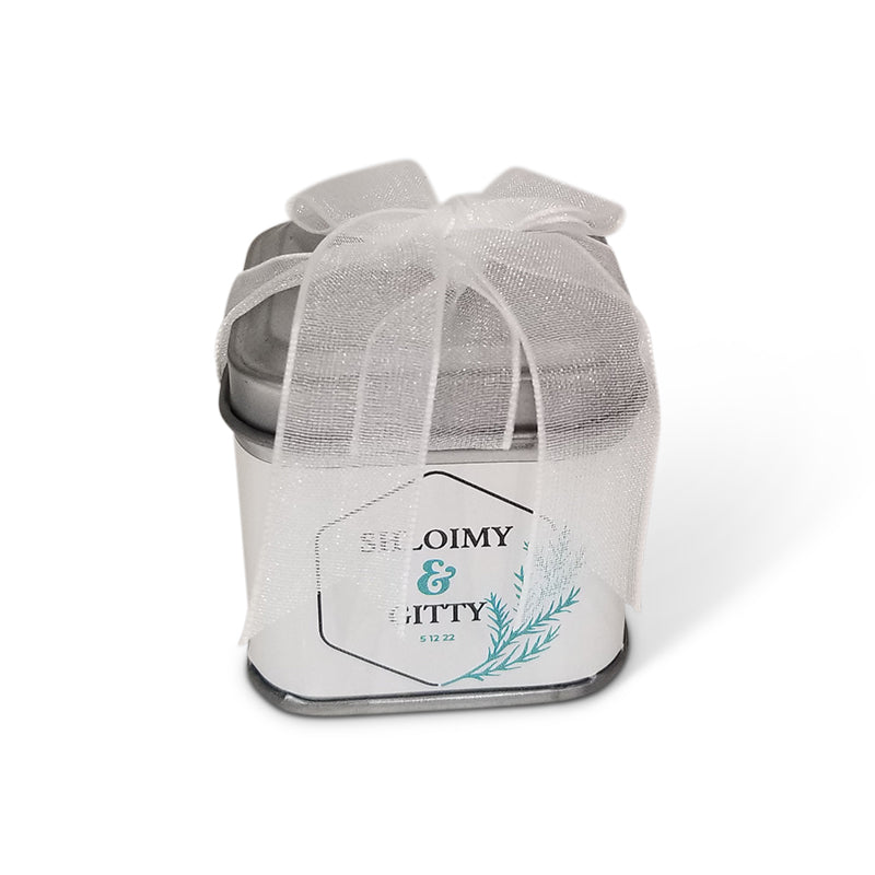 Personalized 1.75" square tin with pretied organza bow.
