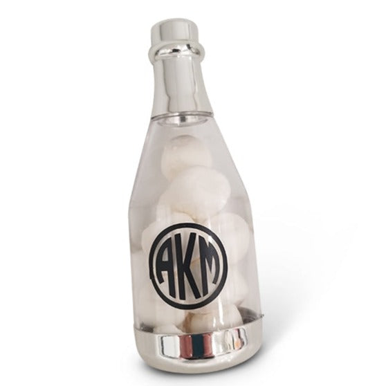 Monogrammed Silver Metallic Champagne Bottle Favor, Also available in gold. (Contents not Included)